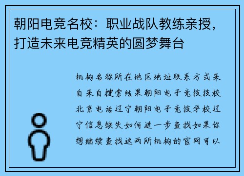 朝阳电竞名校：职业战队教练亲授，打造未来电竞精英的圆梦舞台
